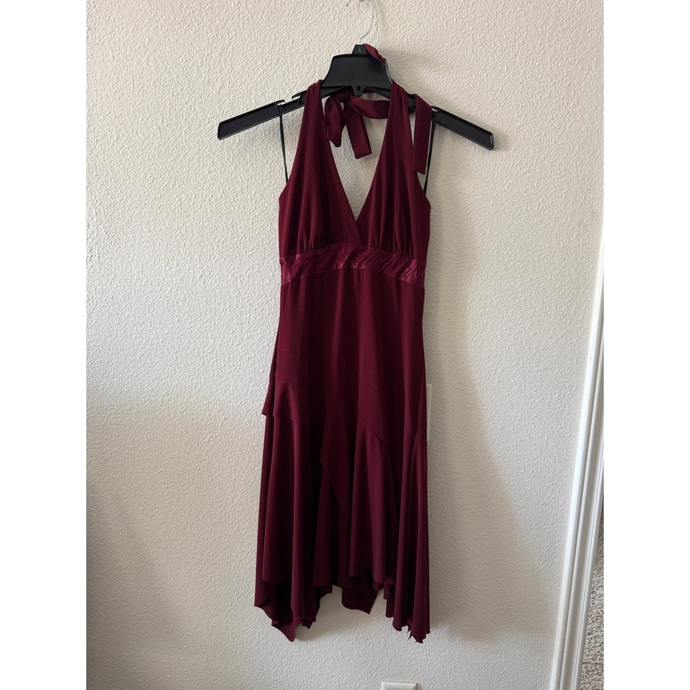 Vtg Y2K Babydoll Halter Dress Burgundy Handkerchief Hem Satin Romantic DarkFairy - Picture 2 of 10